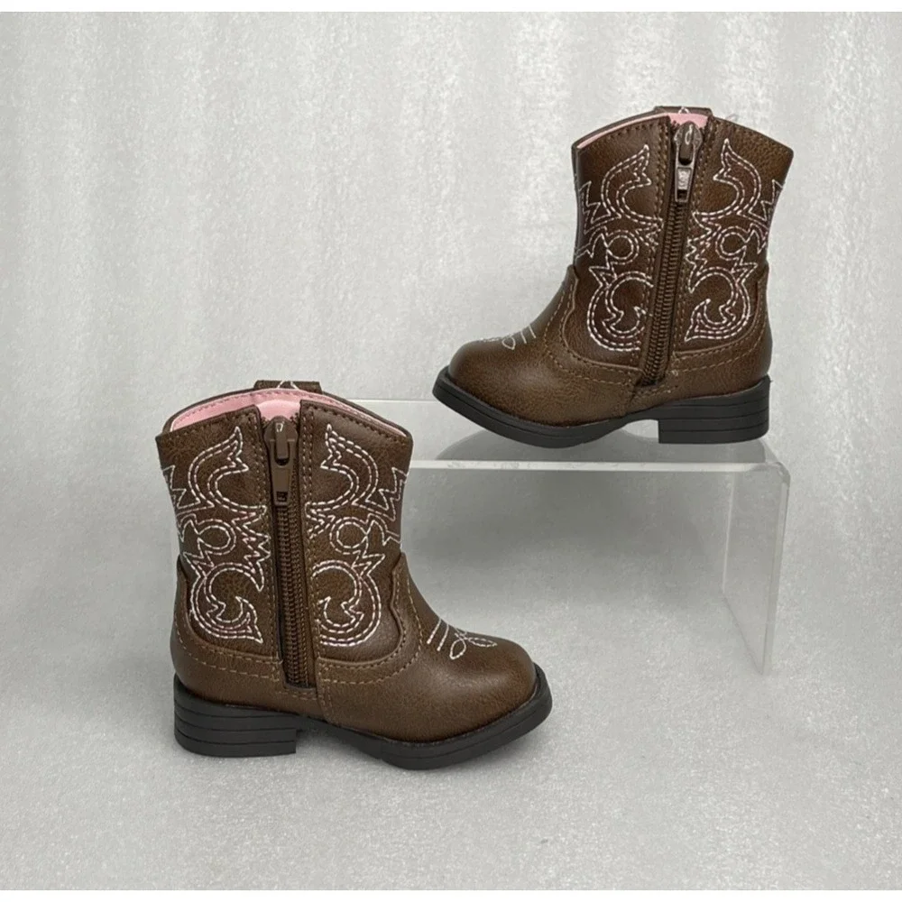 Wonder Nation Brown Zip up Square Toe Cowboy Cowgirl Boots Baby Girls Size 3
